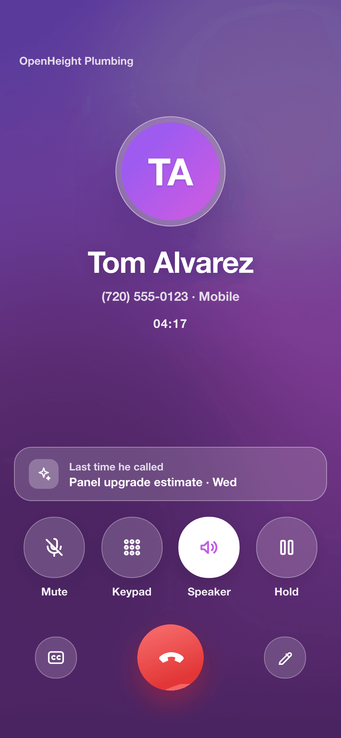 A call in progress in the Speakary app, the screen carrying the caller's own colours: Tom Alvarez, the timer running, and a card recalling what he called about last time.