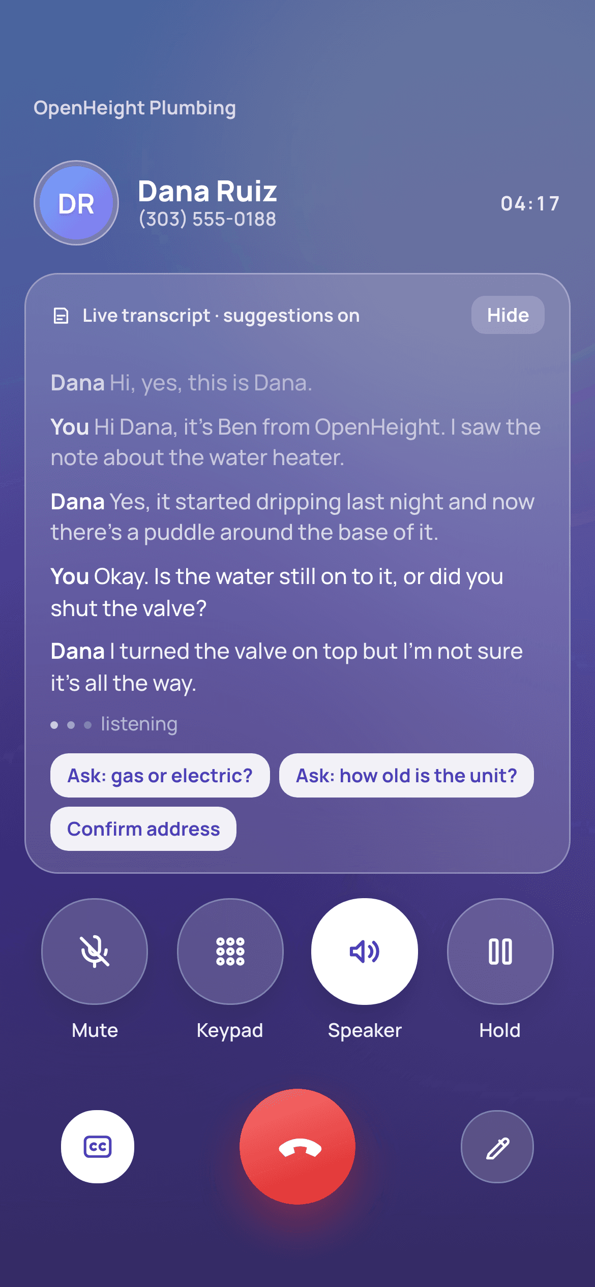 A call in progress in the Speakary app with the conversation transcribed underneath — the caller describing a leaking water heater — and suggested questions to ask next.